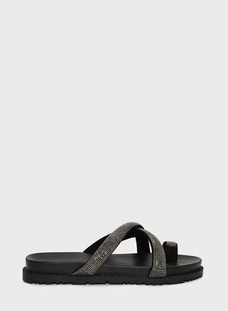 Crossover Embellished Strap Flat Sandals