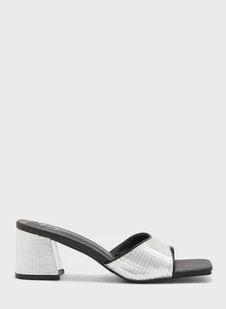 Black Metallic Block Heel Mule