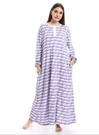 Side Pockets Henely Neck White & Pale Lilac Nightgown_Pale Lilac 