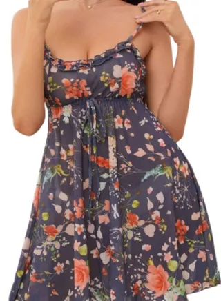 Women's short floral dress, without sleeves, open chest 