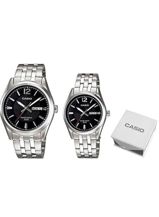 Casio His and Her Stainless Steel Black Dial pair watch MTP/LTP-1335D-1AV 