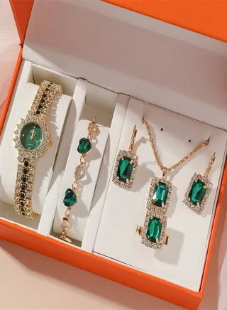 Best Gift For Women 4Pcs Emerald Watch With Bracelets Necklace And Earrings Gift Set 