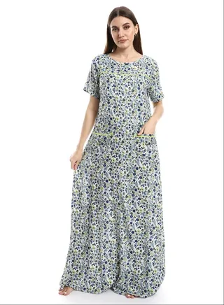 Off-White, Lime & Navy Blue Floral Patterned Nightgown_Lime 
