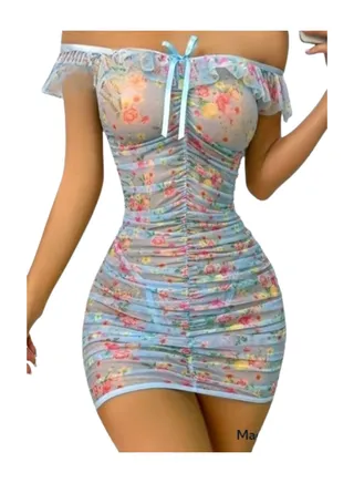 Lingerie dress for women with a short, off shoulder design, with an open neck 