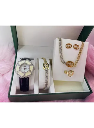 Women's White Gold Leather Strap Glamorous Collector Square Quartz Watch Set 5pcs Jewelry Set, For Daily Life 