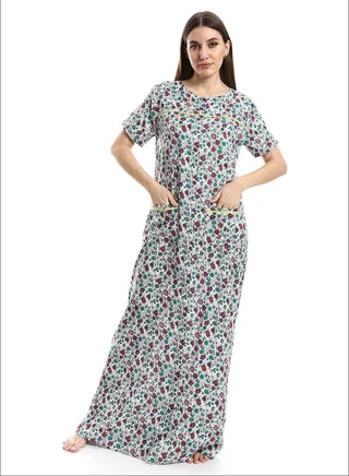 Short Sleeves Floral Nightgown - Off-White, Tiffany Green & Cashmere_Cashmere 