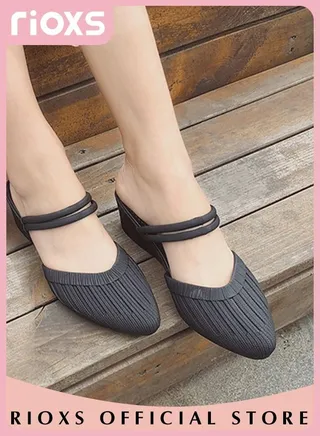 Women's Wedge Mule Striped Slippers Closed Toe Sandals Lightweight Fashion Pumps Sandals with Detachable Straps 