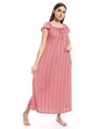 Cap Sleeves Self Patterned Nightgown - White & Watermelon_Watermelon 