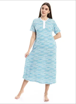 Short Sleeves White & Aqua Blue Uneven Striped Nightgown_Aqua Blue 