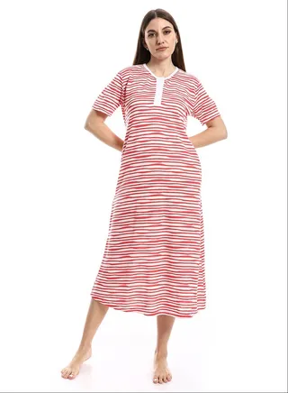 Uneven Horizontal Stripes White & Watermelon Nightgown_Watermelon 