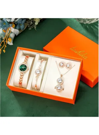 5 in 1 Watch Set for Women with Necklace Bracelet Ring and Earring 