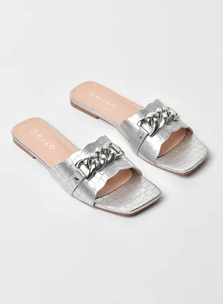 Animal Pattern Chain Detail Strap Flat Sandals Silver 