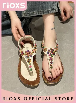 Women's Summer Bohemian Sandals Comfortable Fashion Ankle Strap Slip-on Flats Non-Slip Soft Sole Beach Sandals 