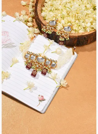 Gold Plated Kundan Beaded Necklace and Earring Set