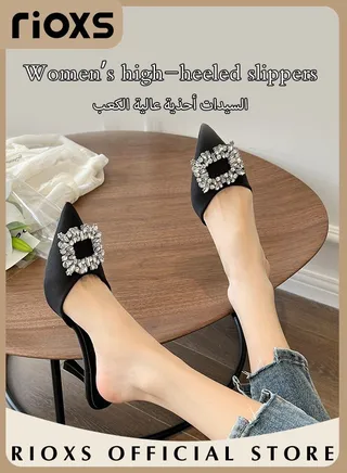 Women's Closed Pointed Toe Slip-On Backless Rhinestones Sandals Stiletto Slides Shoes For Work And Party 