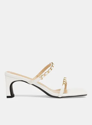 Chain Block Heel Sandals White 