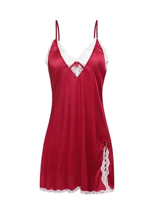 Satin Lace Trim Slip Chemise Nightdress Red 