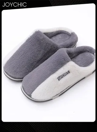 Stitching Color Design Cotton Slippers for Men Autumn and Winter Home Indoor Warm Non-slip Thick-soled Bedroom Slippers White+Grey 
