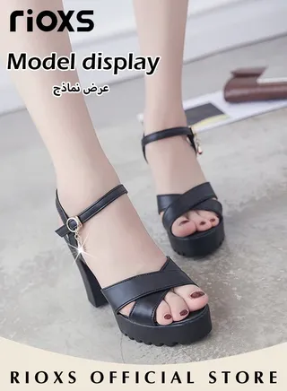 Women's Fashion High Heel Sandals Casual Ankle Strap Chunky Heel Shoes Lightweight Round Toe Shoes 