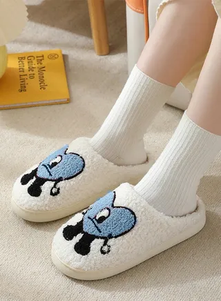 Lovely Cartoon Embroidery Warm Indoor Bedroom Slides Autumn and Winter Women Men Couple Flat Household Slippers with Love Pattern White+Blue 