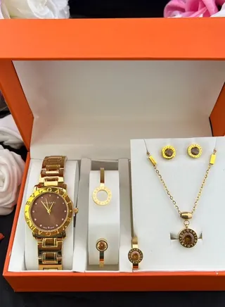 Ranking Top 5 Quality Luxury Watch Set For Women's 5 Pcs Set Bracelet Necklace Earrings Ring Elegant Watch Gift Set 