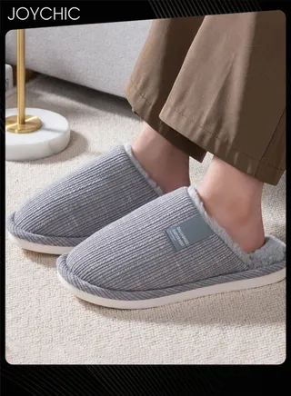 Men's Autumn and Winter Cotton Breathable Home Indoor Slippers Soft Sole Thickened Plush Warm Bedroom Slippers Grey 