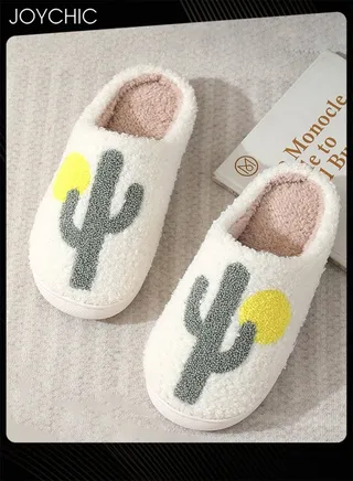 New Style Cactus Pattern Comfortable Home Slippers Autumn and Winter Plush Warm Thick-soled Bedroom Indoor Slipper for Women Men Couple 