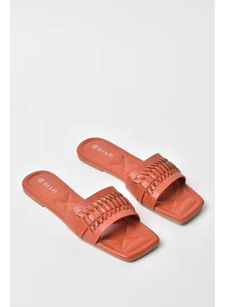 Quilted Pattern Broad Strap Flat Sandals Orange 