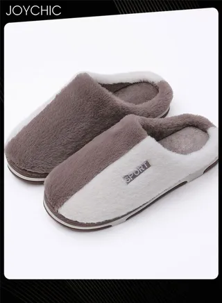 Stitching Color Design Cotton Slippers for Men Autumn and Winter Home Indoor Warm Non-slip Thick-soled Bedroom Slippers White+Coffee 