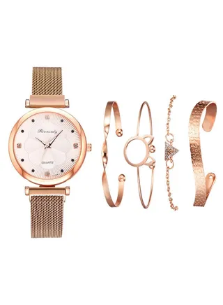 Stainless Steel Girls Wrist Watch and 4 Bracelets Set 
