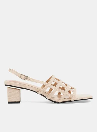 Net Buckle Block Heel Sandals Apricot 