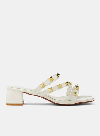 Studded Block Heel Sandals White 