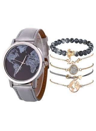 women 6-Piece Retro Map Leather Analog Watch And Bracelet Set NSSB037000224 