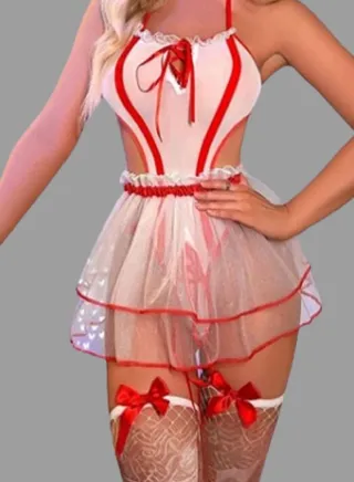 WOMEN'S NURSE PLAYSUIT WITHE MESH MINI SKIRT & FISHNET STOCKINGS 