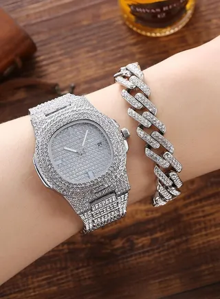 Best Gift For Women 3Pcs Silver Watch With Bracelets And Necklace Advance Gift Set 