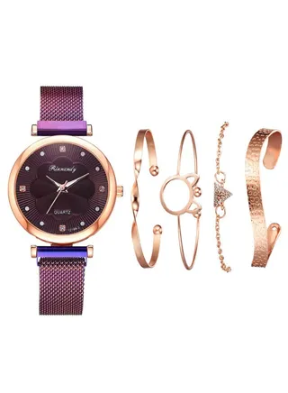 Stainless Steel Girls Wrist Watch and 4 Bracelets Set 