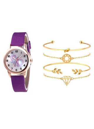 women 5-Piece Round Dial Analog Watch And Bracelet Set 2247 