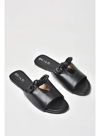 Notch Cut-Out Bow Detail Strap Flat Sandals Black 