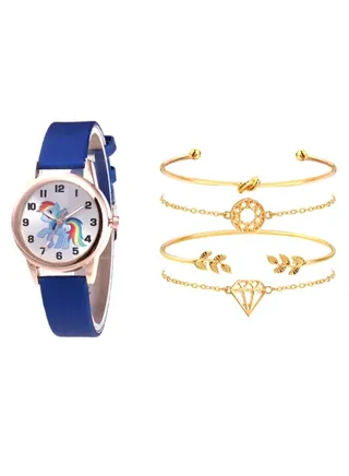 women 5-Piece Unicorn Printed Analog Watch And Bracelet Set 2255 