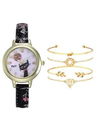 women 5-Piece Fashion Analog Watch And Bracelet Set NSSB037002232 