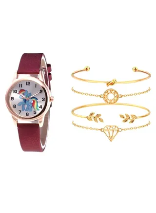 women 5-Piece Unicorn Printed Analog Watch And Bracelet Set 2261 