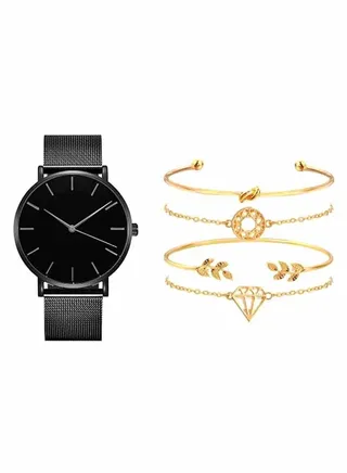 Women's 5-Piece Stainless Steel Analog Watch And Bracelet Set 8356 