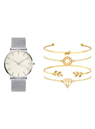 women 5-Piece Stainless Steel Analog Watch With Bracelet Set 8358 
