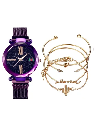 women 5-Piece Stainless Steel Analog Watch And Bracelet Set 8329 