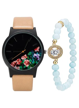 women 2 Pcs Pointer Patchwork Flower Pattern Round Dial Trendy Watch With Bracelet 