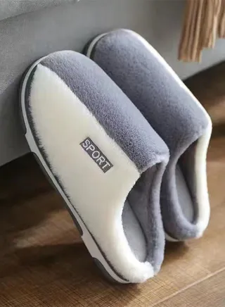 Stitching Color Design Cotton Slippers for Men Autumn and Winter Home Indoor Warm Non-slip Thick-soled Bedroom Slippers White+Grey 