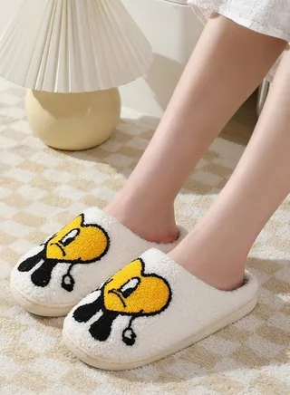 Lovely Cartoon Embroidery Warm Indoor Bedroom Slides Autumn and Winter Women Men Couple Flat Household Slippers with Love Pattern White+Yellow 