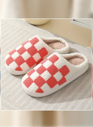 Checkerboard Lattice Design Bedroom Slippers for Women Men Couple Plush Fuzzy Cozy House Slippers Autumn and Winter Warm Indoor Outdoor Lightweight Soft Flat Slides White+Red 