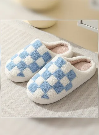 Checkerboard Lattice Design Bedroom Slippers for Women Men Couple Plush Fuzzy Cozy House Slippers Autumn and Winter Warm Indoor Outdoor Lightweight Soft Flat Slides White+Blue 