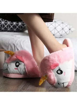 Unicorn Slippers Fluffy Soft Bedroom Slides Warm Plush Anti Slip Cute Shoes Adult Kids Flip Flop One Size Fit All Pink 